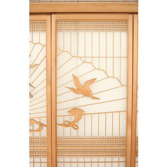 扇に鶴 ガラス入白木書院欄間 5枚1組　R0289 