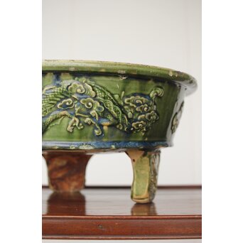 ルス織部 龍兎紋 水盤/瓶掛　P388 織部のような釉薬　青い発色も素敵です