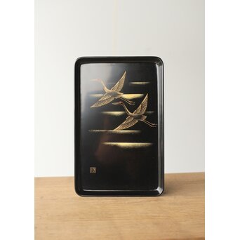 輪島塗 前志芸男 沈金双鶴之図 盆　Q329 