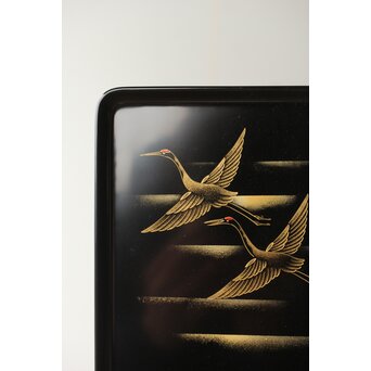 輪島塗 前志芸男 沈金双鶴之図 盆　Q329 