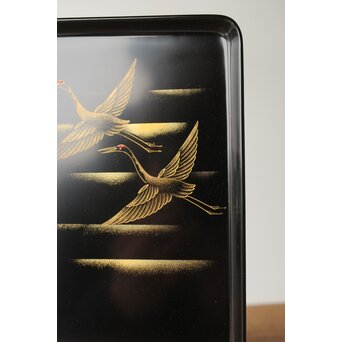 輪島塗 前志芸男 沈金双鶴之図 盆　Q329 