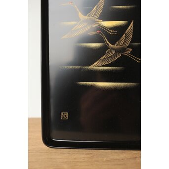 輪島塗 前志芸男 沈金双鶴之図 盆　Q329 