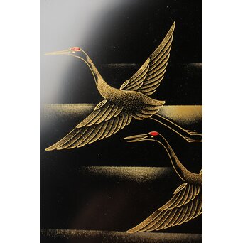 輪島塗 前志芸男 沈金双鶴之図 盆　Q329 