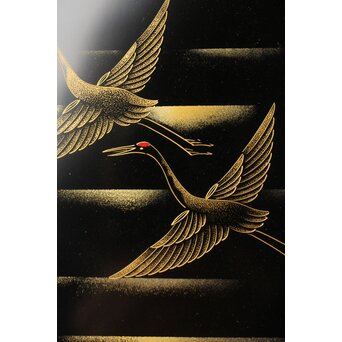 輪島塗 前志芸男 沈金双鶴之図 盆　Q329 