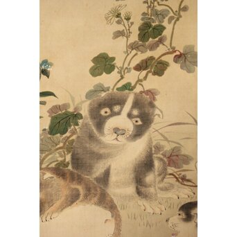 倣 駒井源琦【仔犬図】絹本軸装　Z403 