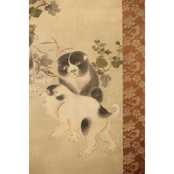 倣 駒井源琦【仔犬図】絹本軸装　Z403 