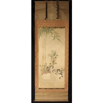 倣 駒井源琦【仔犬図】絹本軸装　Z403 