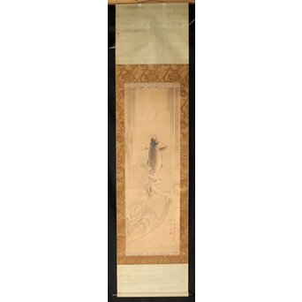 倣 五十嵐浚明【瀧鯉図】紙本掛軸　Z405 