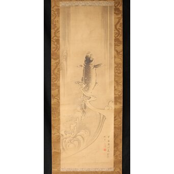 倣 五十嵐浚明【瀧鯉図】紙本掛軸　Z405