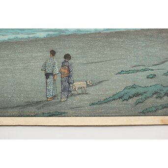 川瀬巴水【相州七里ヶ浜】昭和5年 版権 渡邊庄三郎印 木版画 額装　Z408 
