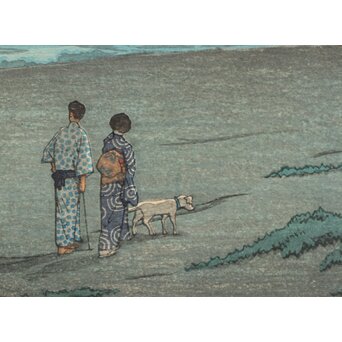 川瀬巴水【相州七里ヶ浜】昭和5年 版権 渡邊庄三郎印 木版画 額装　Z408 
