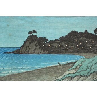 川瀬巴水【相州七里ヶ浜】昭和5年 版権 渡邊庄三郎印 木版画 額装　Z408 