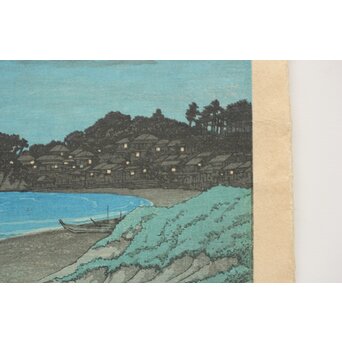 川瀬巴水【相州七里ヶ浜】昭和5年 版権 渡邊庄三郎印 木版画 額装　Z408 