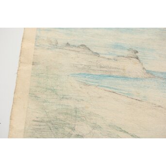 川瀬巴水【相州七里ヶ浜】昭和5年 版権 渡邊庄三郎印 木版画 額装　Z408 