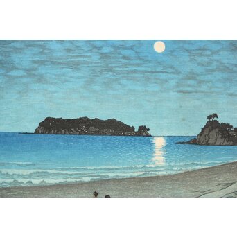 川瀬巴水【相州七里ヶ浜】昭和5年 版権 渡邊庄三郎印 木版画 額装　Z408 