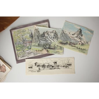 足立源一郎 野外スケッチ道具 パステル画など作品　Z415 