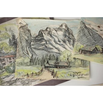 足立源一郎 野外スケッチ道具 パステル画など作品　Z415 