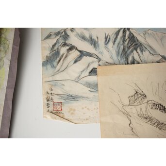 足立源一郎 野外スケッチ道具 パステル画など作品　Z415 