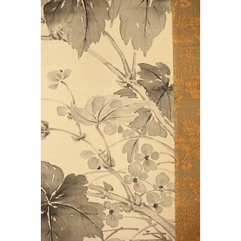 藤堂高潔 伯爵 草花図 絹本水墨掛軸　Z417 