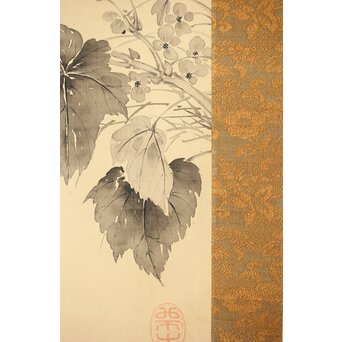 藤堂高潔 伯爵 草花図 絹本水墨掛軸　Z417 