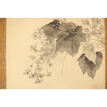 藤堂高潔 伯爵 草花図 絹本水墨掛軸　Z417 