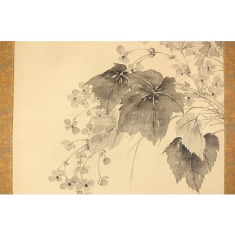 藤堂高潔 伯爵 草花図 絹本水墨掛軸　Z417 