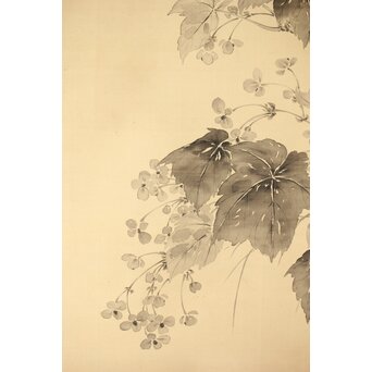 藤堂高潔 伯爵 草花図 絹本水墨掛軸　Z417 