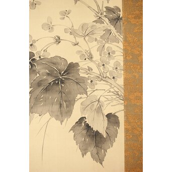 藤堂高潔 伯爵 草花図 絹本水墨掛軸　Z417 