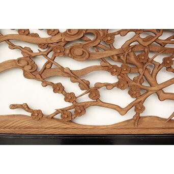 欅彫 花札梅に鶯 寺院木彫欄間 2枚1組　R0307Y 