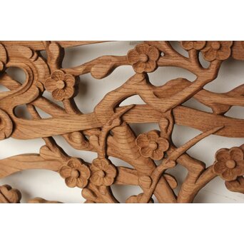 欅彫 花札梅に鶯 寺院木彫欄間 2枚1組　R0307Y 