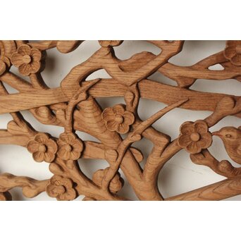 欅彫 花札梅に鶯 寺院木彫欄間 2枚1組　R0307Y 