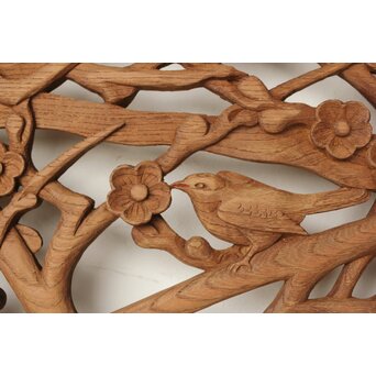 欅彫 花札梅に鶯 寺院木彫欄間 2枚1組　R0307Y くちばしにさり気なく彩色