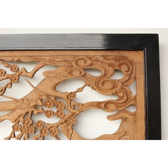 欅彫 花札梅に鶯 寺院木彫欄間 2枚1組　R0307Y 