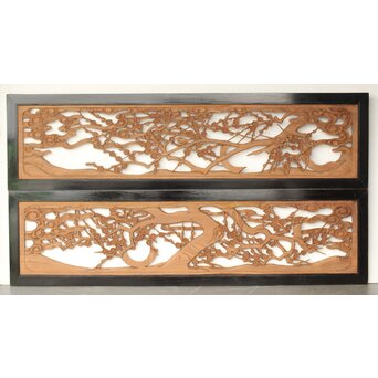 欅彫 花札梅に鶯 寺院木彫欄間 2枚1組　R0307Y