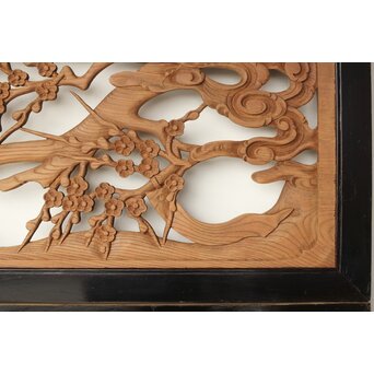 欅彫 花札梅に鶯 寺院木彫欄間 2枚1組　R0307Y 