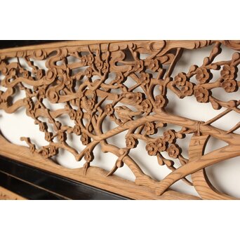 欅彫 花札梅に鶯 寺院木彫欄間 2枚1組　R0307Y 