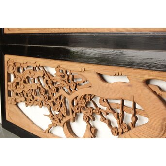 欅彫 花札梅に鶯 寺院木彫欄間 2枚1組　R0307Y 