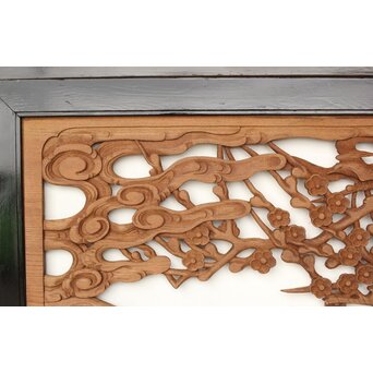 欅彫 花札梅に鶯 寺院木彫欄間 2枚1組　R0307Y 