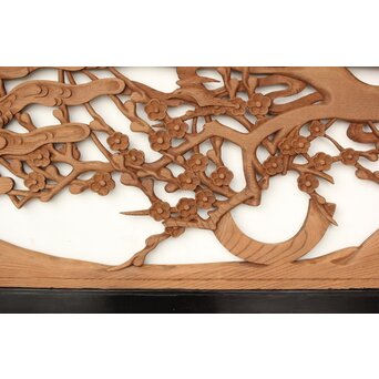 欅彫 花札梅に鶯 寺院木彫欄間 2枚1組　R0307Y 