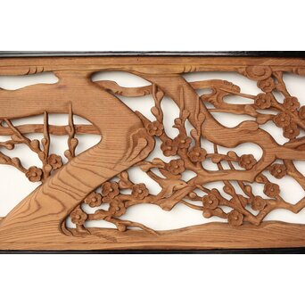 欅彫 花札梅に鶯 寺院木彫欄間 2枚1組　R0307Y 欅の大きな一枚板　とても手のかかる木彫ですね