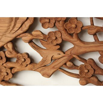 欅彫 花札梅に鶯 寺院木彫欄間 2枚1組　R0307Y こちらにも彩色　洒落ています