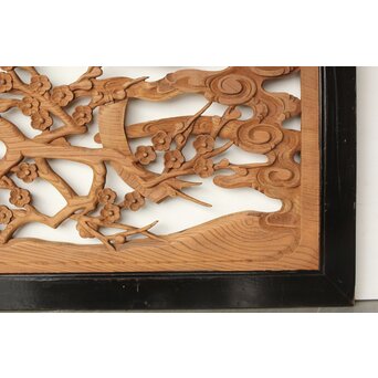 欅彫 花札梅に鶯 寺院木彫欄間 2枚1組　R0307Y 