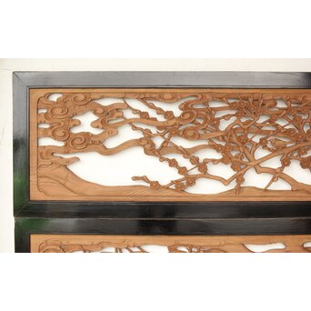 欅彫 花札梅に鶯 寺院木彫欄間 2枚1組　R0307Y 