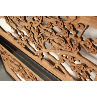 欅彫 花札梅に鶯 寺院木彫欄間 2枚1組　R0307Y 