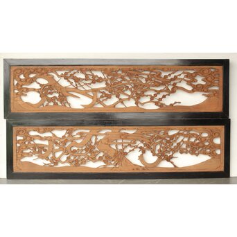 欅彫 花札梅に鶯 寺院木彫欄間 2枚1組　R0307Y B面　両面彫でこちらも見劣りしません
