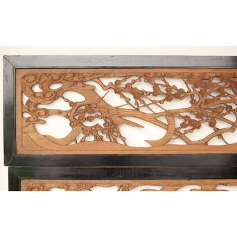 欅彫 花札梅に鶯 寺院木彫欄間 2枚1組　R0307Y 