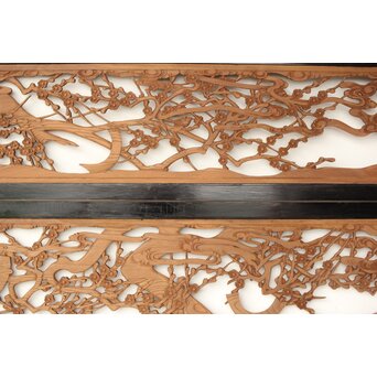 欅彫 花札梅に鶯 寺院木彫欄間 2枚1組　R0307Y 