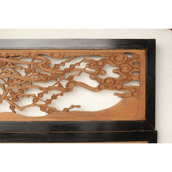 欅彫 花札梅に鶯 寺院木彫欄間 2枚1組　R0307Y 