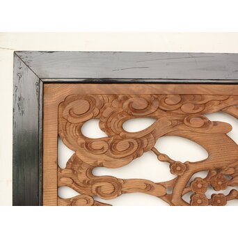 欅彫 花札梅に鶯 寺院木彫欄間 2枚1組　R0307Y 