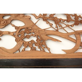 欅彫 花札梅に鶯 寺院木彫欄間 2枚1組　R0307Y 